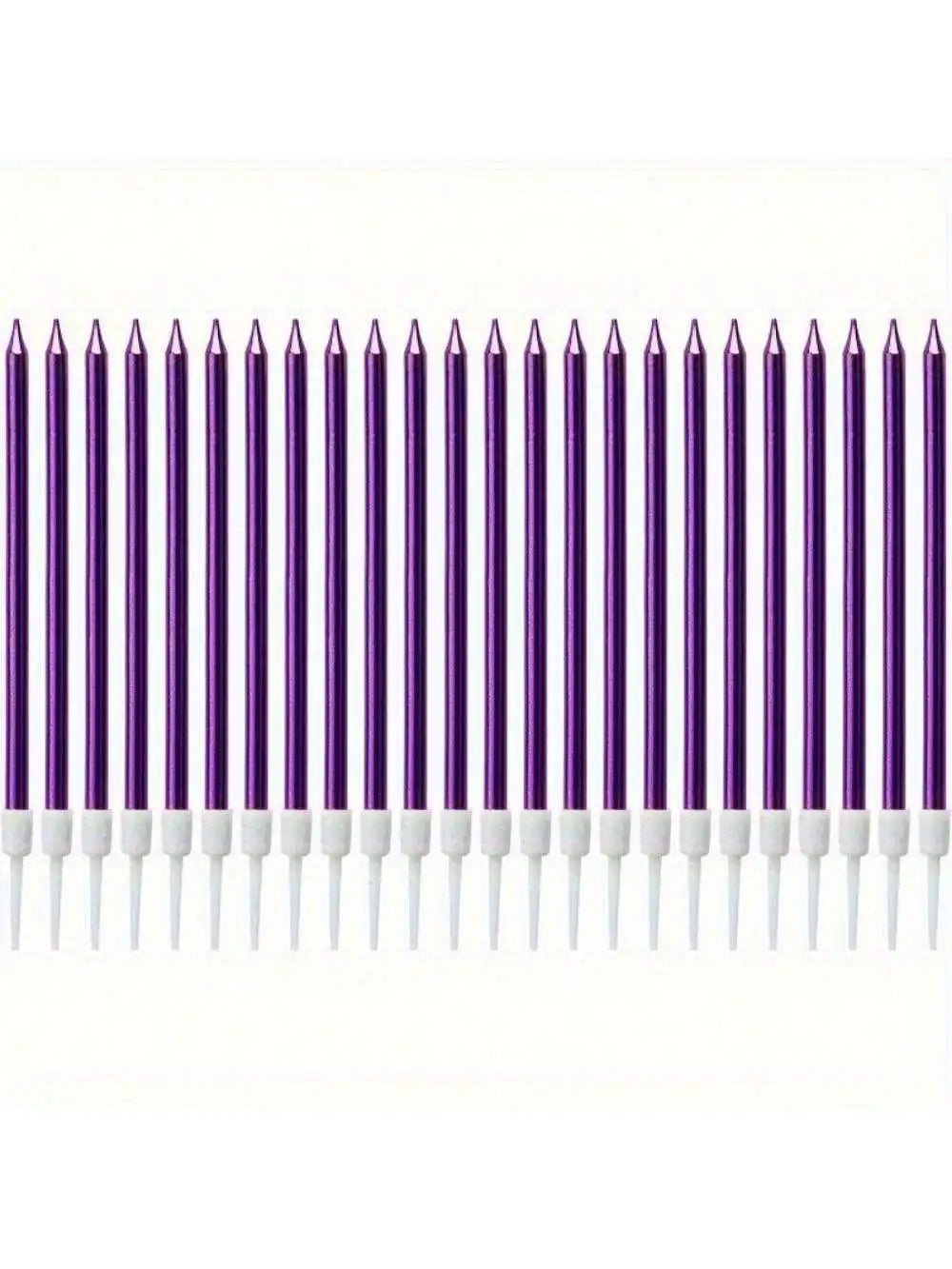 A row of purple and white birthday candles.