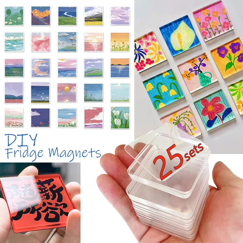 Una mano sostiene una pila de 25 juegos de imanes transparentes de acrílico coloridos para refrigerador DIY.