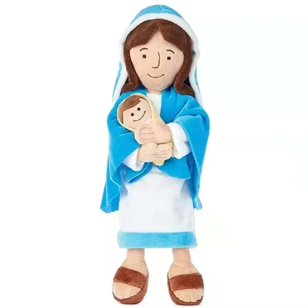 A plush doll set featuring Jesus and Mary figures with soft fabric clothing and head coverings.