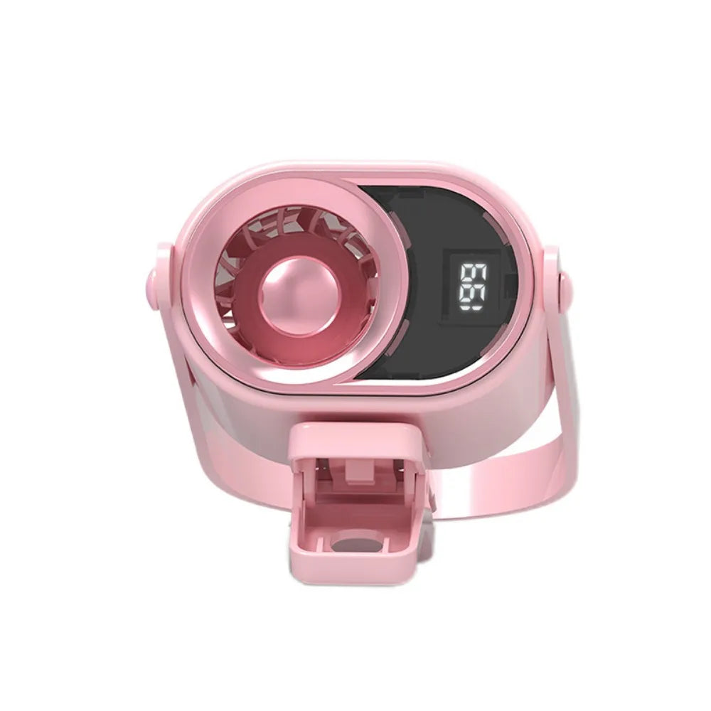 A pink clip-on mini electric fan with a circular grille and a digital display showing 66.