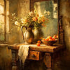 A still life painting featuring a golden vase of flowers and fruit on a wooden table next to a mirror.