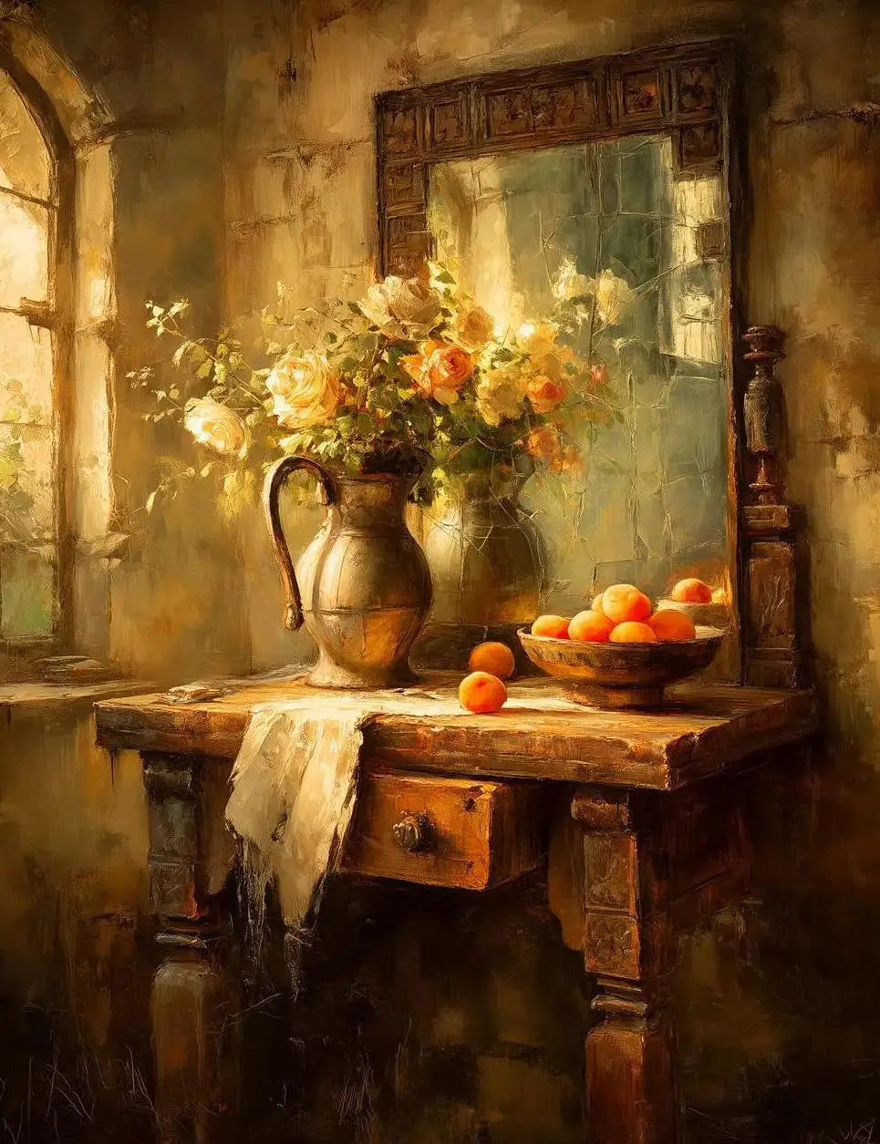 A still life painting featuring a golden vase of flowers and fruit on a wooden table next to a mirror.