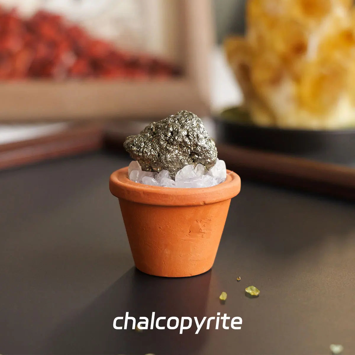 A small piece of gray chalcopyrite crystal is displayed in an orange terracotta pot on a dark surface.