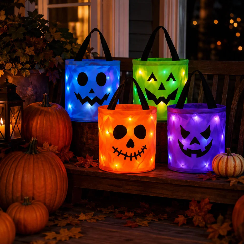 A glowing pumpkin candy bucket with LED handles sits on a wooden bench surrounded by autumn leaves and pumpkins.