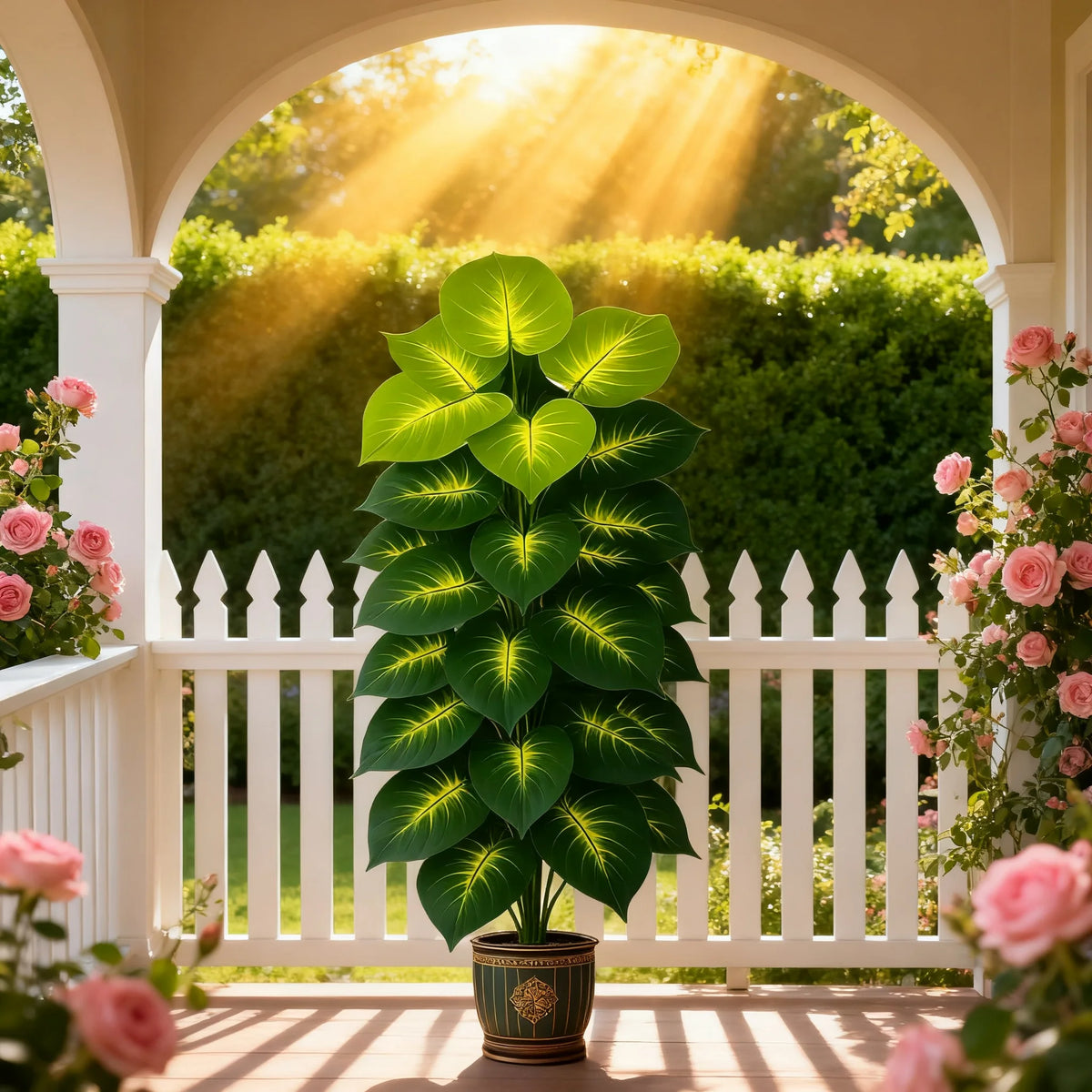 A vibrant green artificial palm tree with 24 leaves displayed in a pot on a porch surrounded by pink roses.