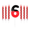 A set of six birthday candles shaped like the number 6, featuring a red and black mouse design.