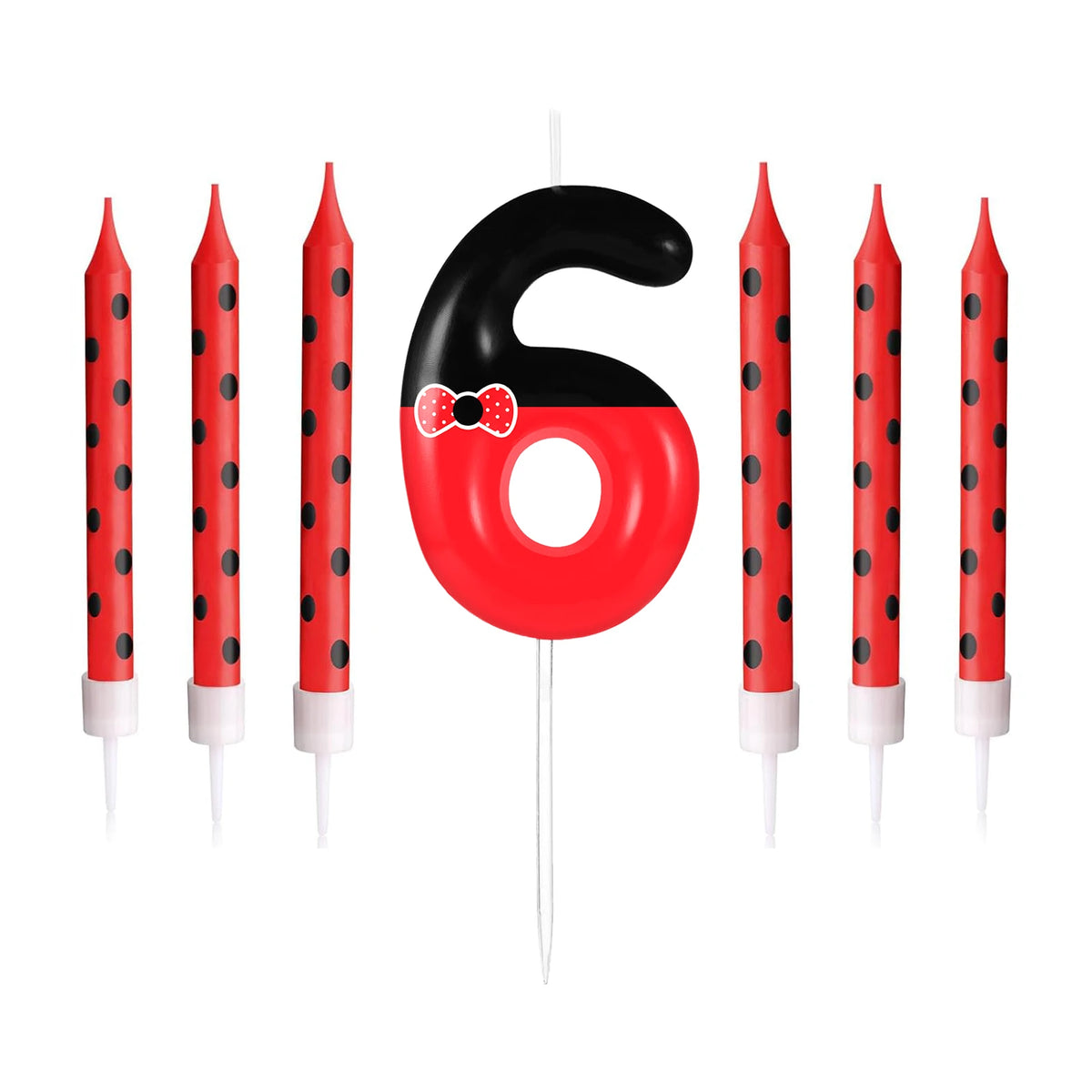 A set of six birthday candles shaped like the number 6, featuring a red and black mouse design.