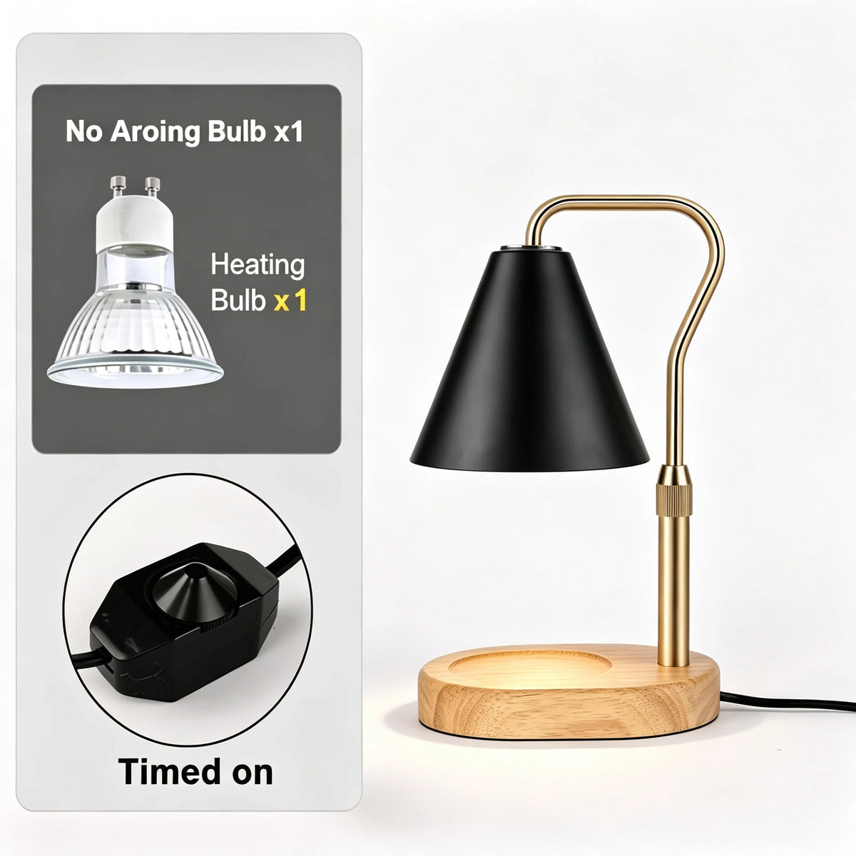 A black adjustable flameless candle warmer lamp with a brass finish and wooden base, shown next to its power cord.