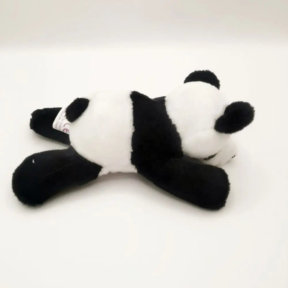 A cute plush panda with black and white markings is shown against a white background.