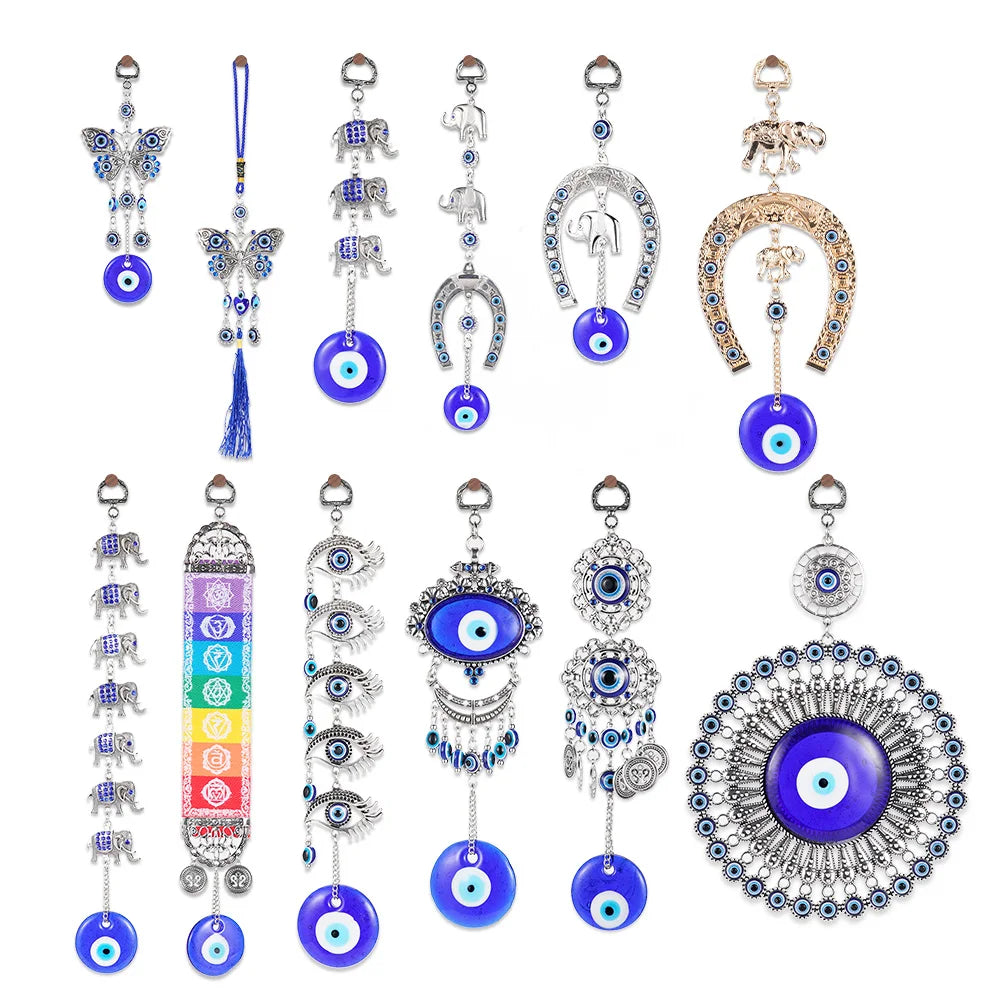A collection of Turkish blue eye amulets featuring various charms and designs.