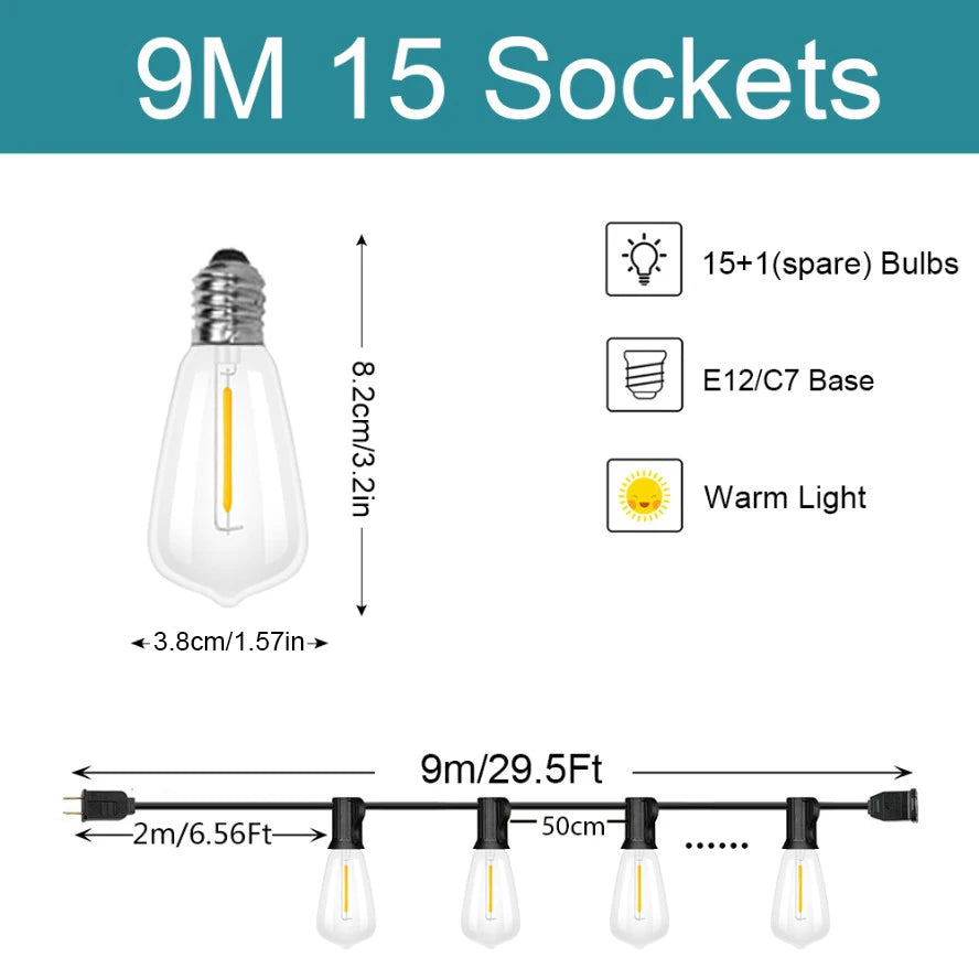 A string of 9M 15 sockets LED lights with E12/C7 bases for outdoor decoration