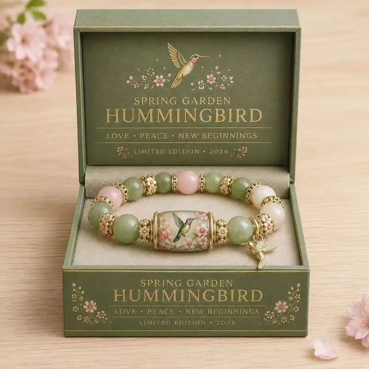 A delicate pearl and jade stretch charm bracelet set in a green box with a hummingbird charm.