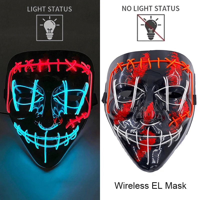 A black EL mask with neon wire details, showing both light status and no light status options.