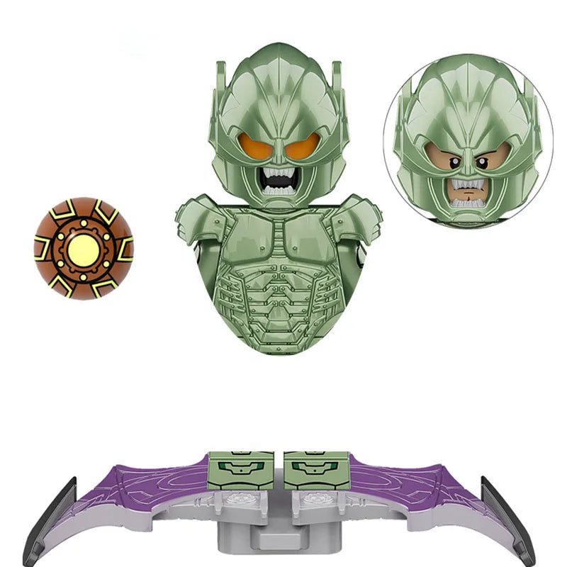 A green horror movie icon building block set featuring a helmet and a purple weapon accessory.