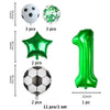 A set of green and silver balloons including a star shape and a large number one balloon for a party theme