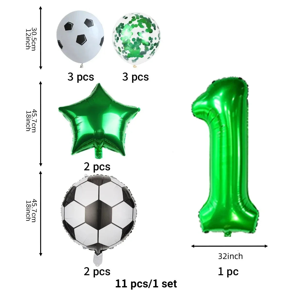 A set of green and silver balloons including a star shape and a large number one balloon for a party theme