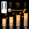 A set of four flameless LED candles in a beige color with a remote control and battery compartment.
