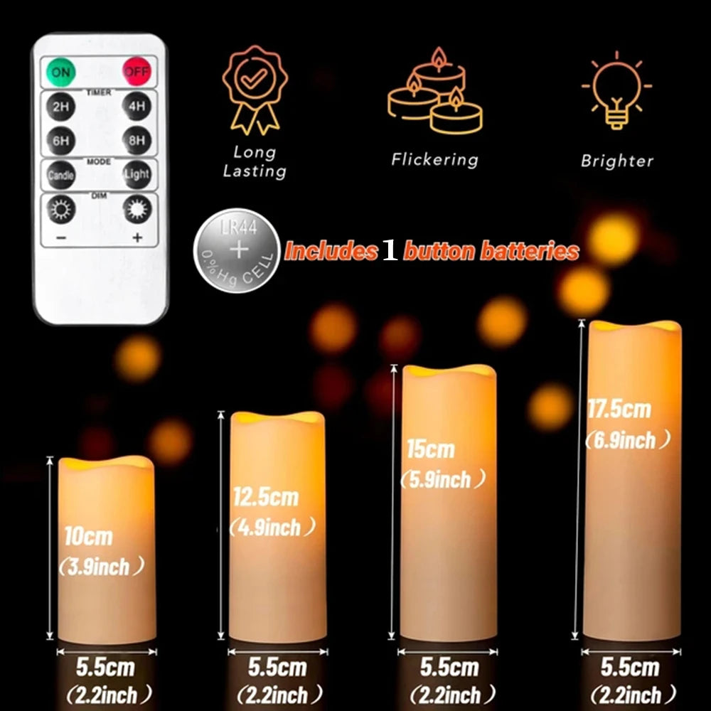A set of four flameless LED candles in a beige color with a remote control and battery compartment.