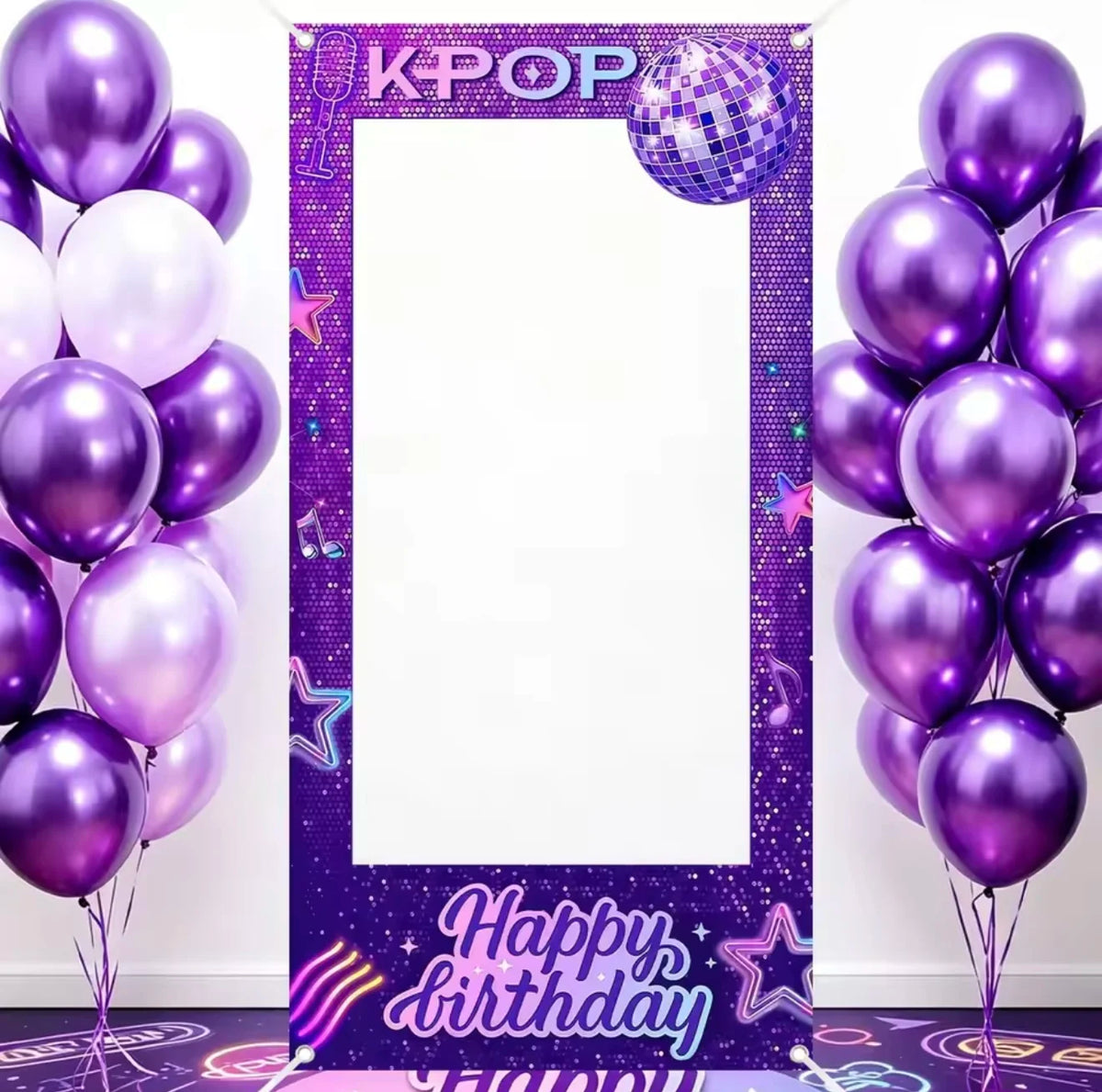 Purple and silver balloon backdrop frame for a birthday party