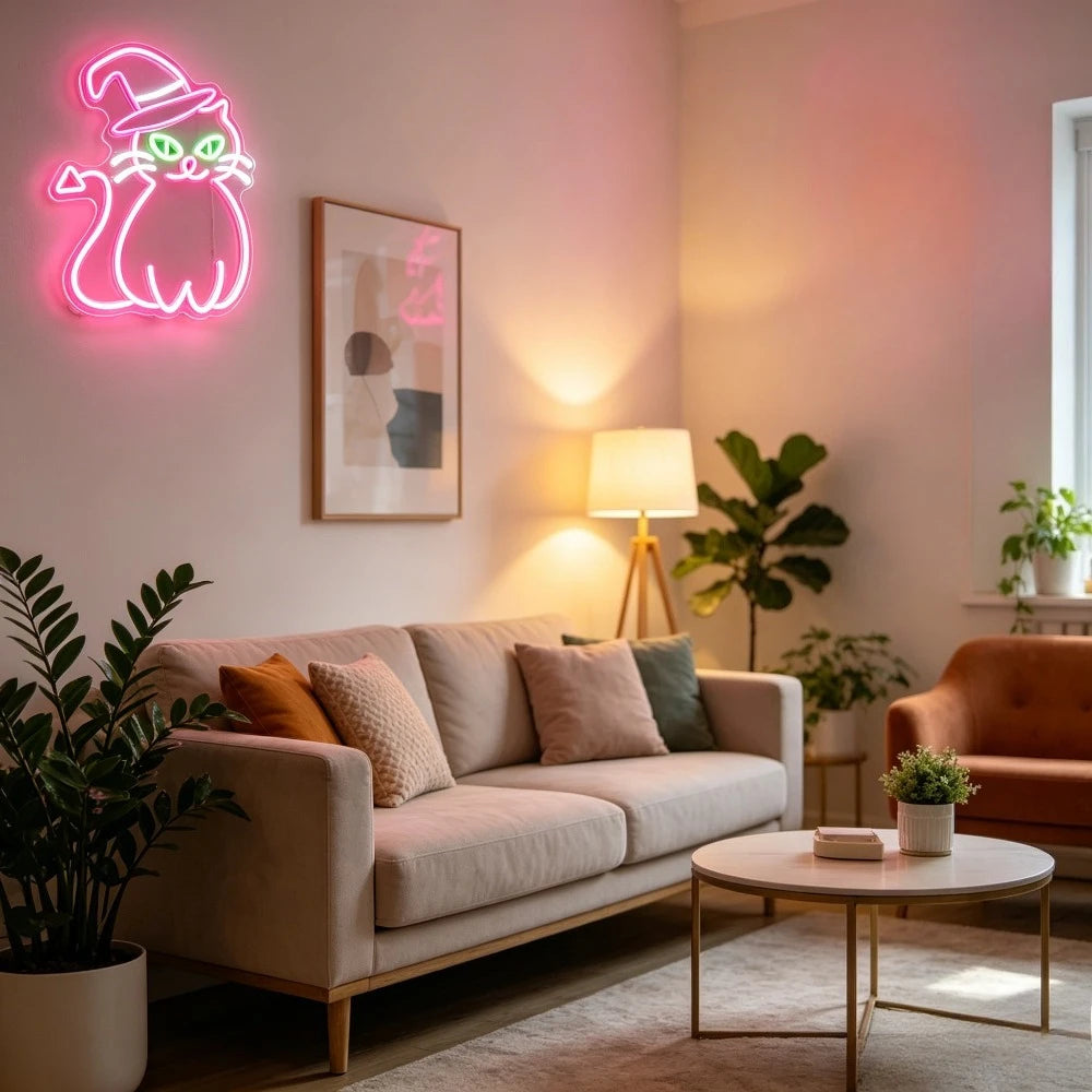 A living room features a pink neon light sign of a cat on a wall above a sofa and a plant.