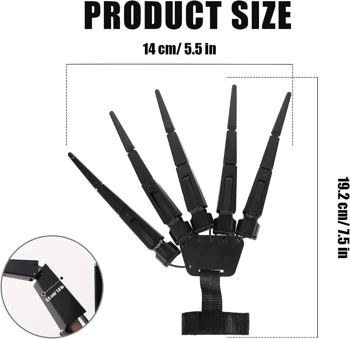 Diagram showing the size of an articulated skeleton hand glove, measuring 14 cm or 5.5 inches and 19.2 cm or 7.5 inches.
