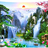 Panoramic waterfall rainforest tapestry featuring lush green cliffs, cascading waterfalls, and vibrant pink flowers.