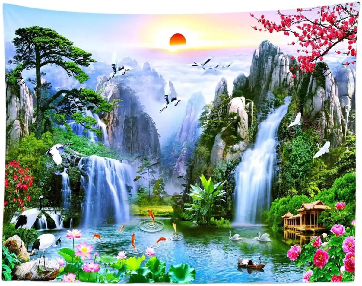 Panoramic waterfall rainforest tapestry featuring lush green cliffs, cascading waterfalls, and vibrant pink flowers.