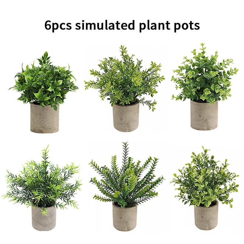 Six simulated plant pots featuring lifelike eucalyptus greenery in rustic gray pots.
