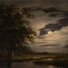 A dark landscape painting featuring a large tree silhouetted against a dramatic, cloudy sky with a bright moon.
