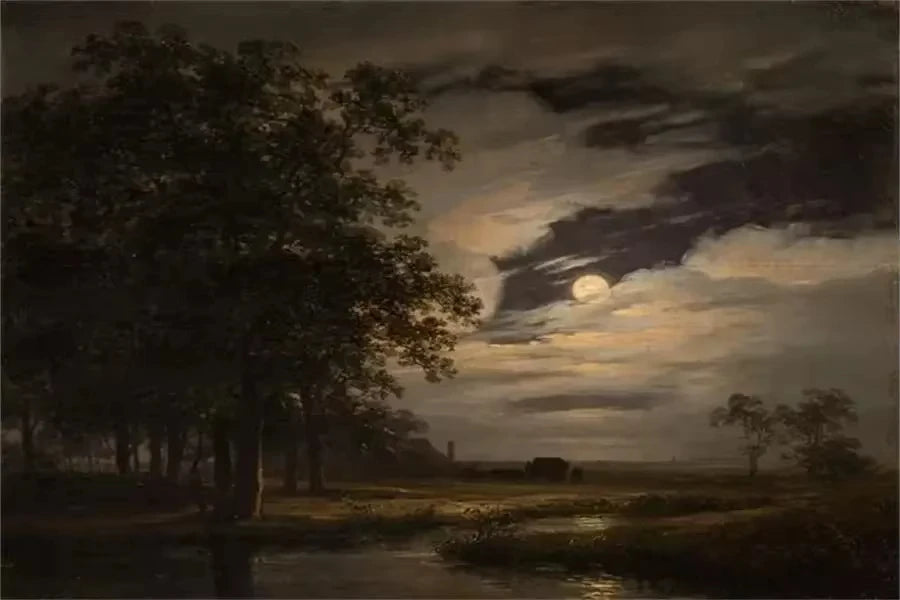 A dark landscape painting featuring a large tree silhouetted against a dramatic, cloudy sky with a bright moon.