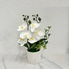 Artificial white phalaenopsis orchid in a cylindrical pot displayed against a white background.
