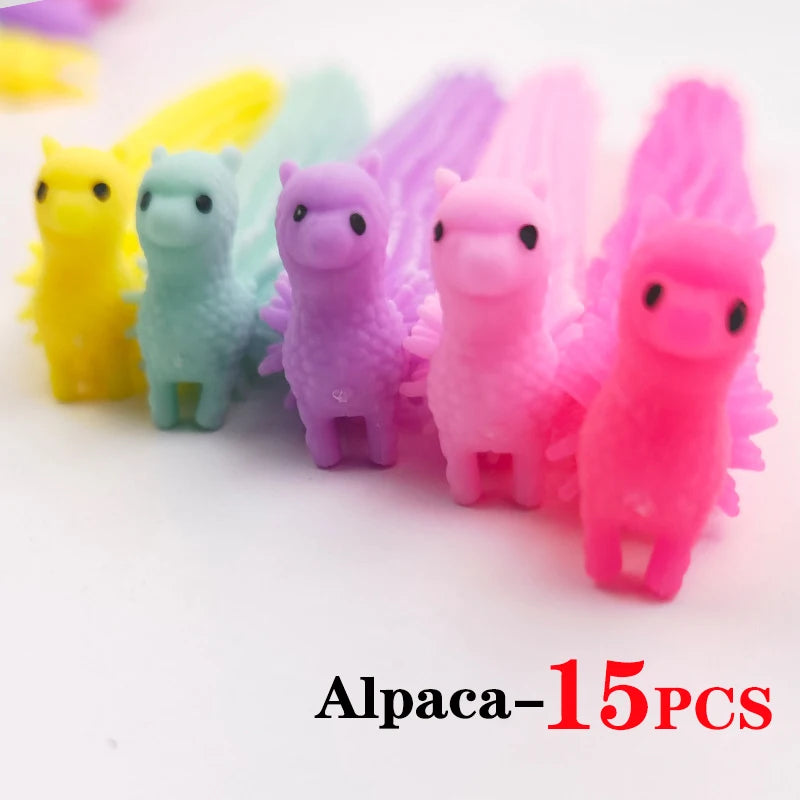 A set of 15 colorful alpaca-shaped stretch sensory fidget toys in various shades of yellow, green, purple, and pink.