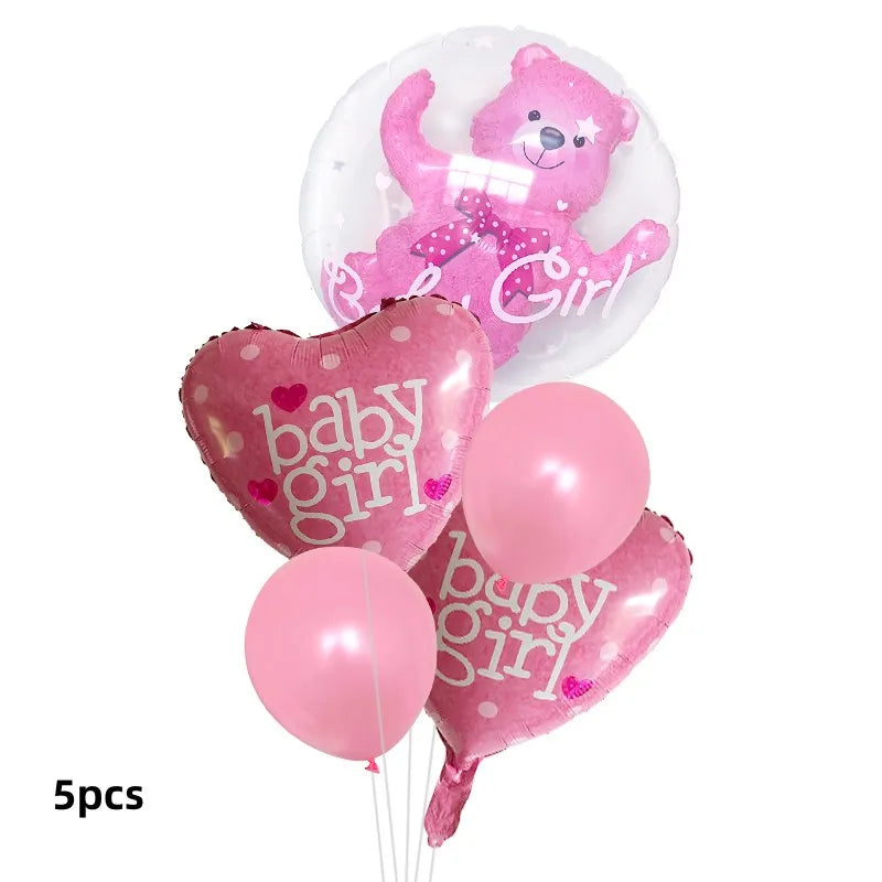 Five pink foil balloons featuring a bear design and baby girl text for birthday or baby shower decorations