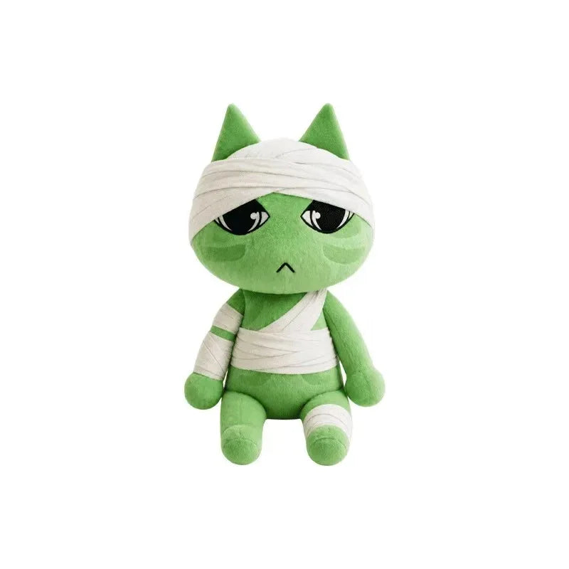 A green plush toy dog wearing a white bandage wrap around its head and body.