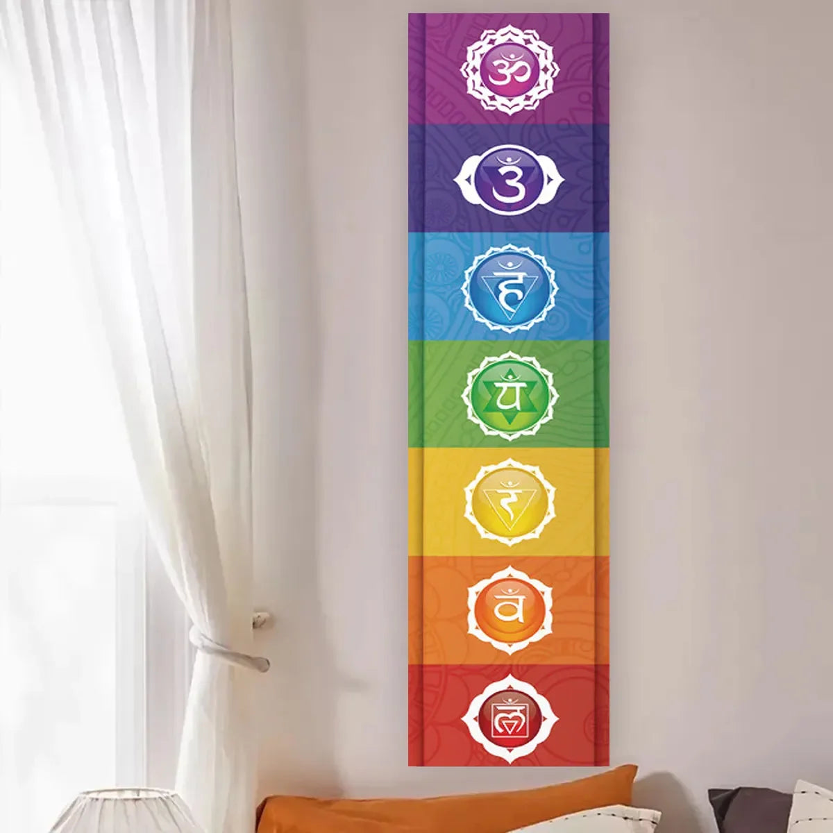 Vertical tapestry featuring a series of colored chakras for spiritual decor