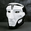 A white and black tactical warden cosplay mask with a futuristic design.