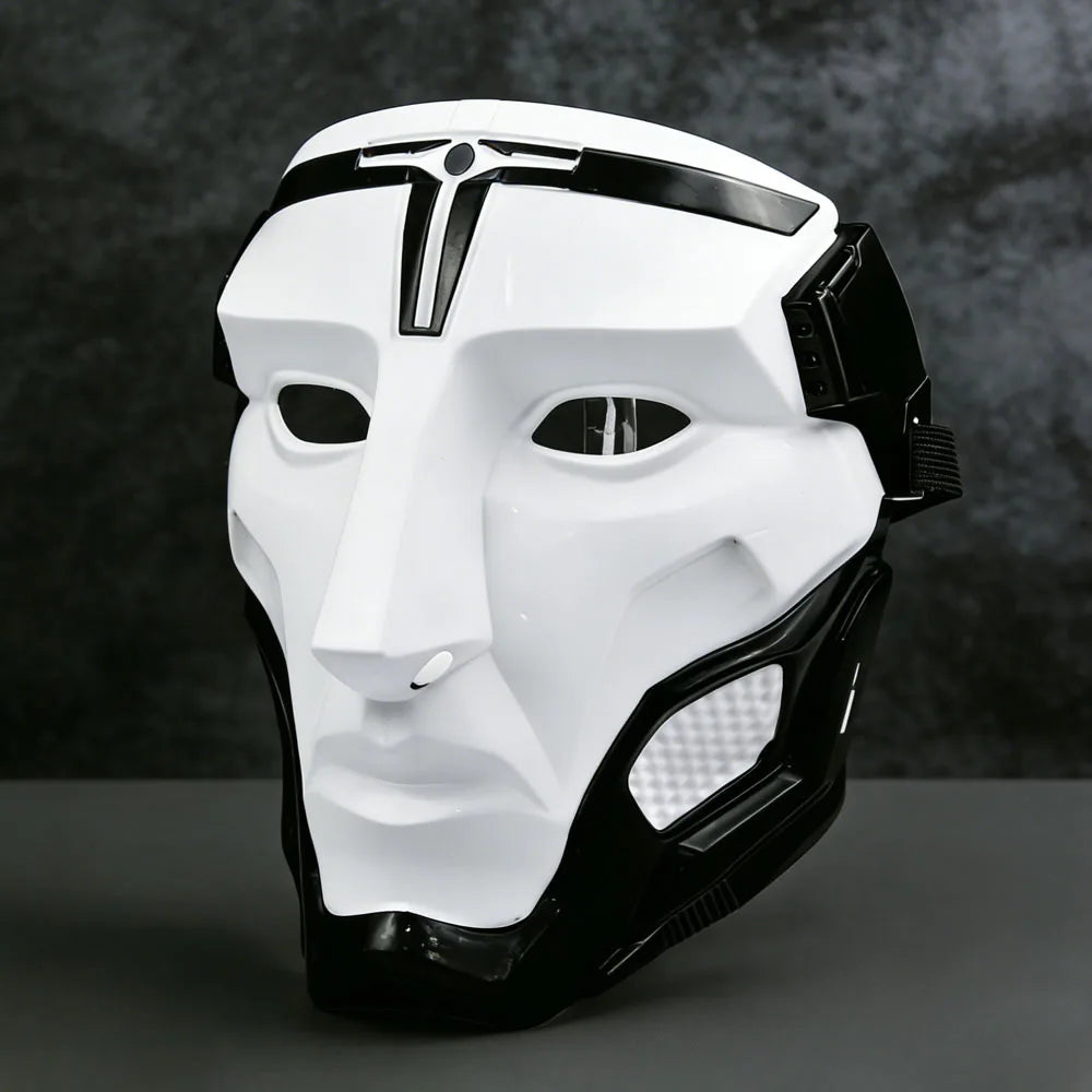 A white and black tactical warden cosplay mask with a futuristic design.