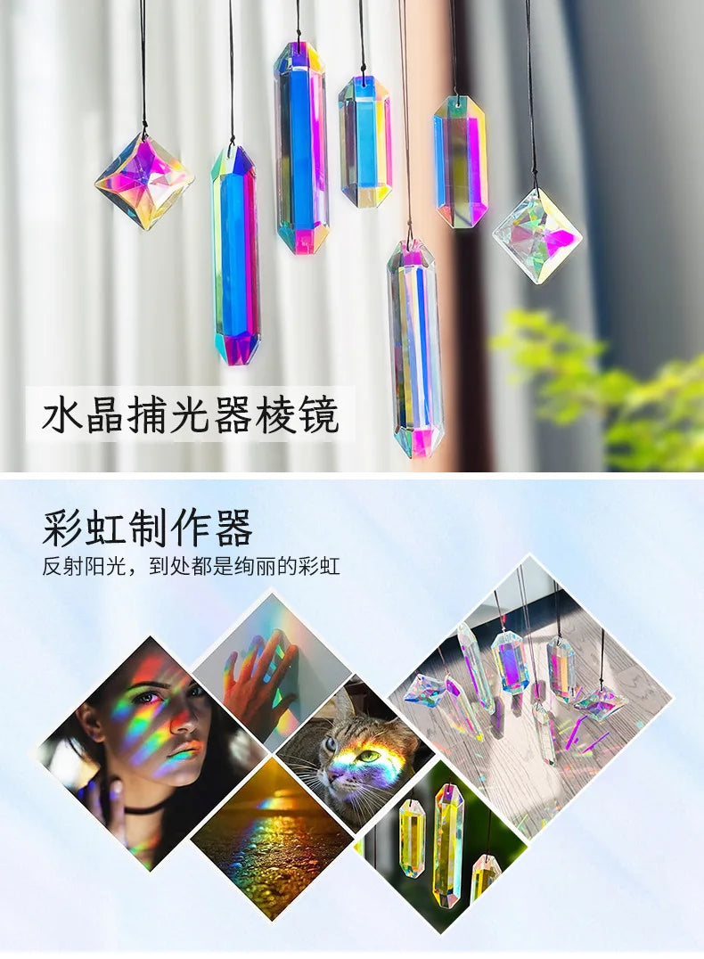 A set of seven crystal prism sun catchers hanging, showcasing various iridescent colors and light refraction.