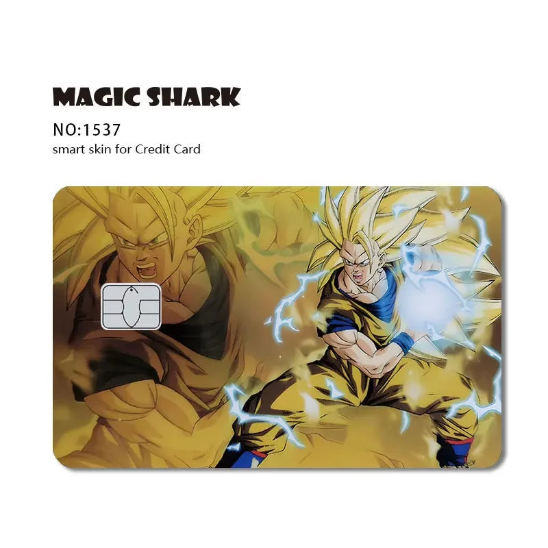 A vibrant illustration of a Dragon Ball Super Saiyan character with bright yellow hair and blue aura, designed as a card skin