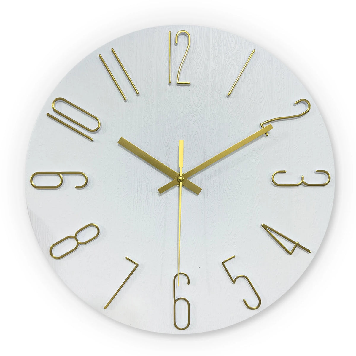 A round modern wall clock with gold 3D numerals and a white face, showing the time.