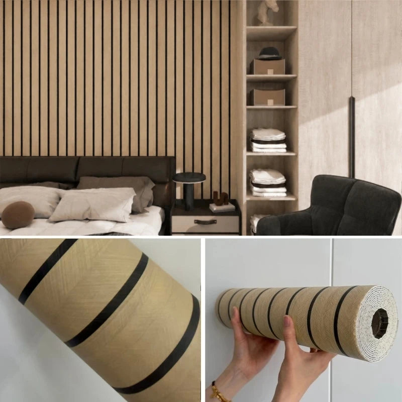 Roll of self-adhesive wood grain wallpaper in beige and black stripes.