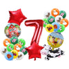 A collection of red and green balloons featuring farm animals like cows, pigs, and deer for a birthday party decoration kit.