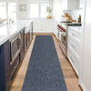 A long gray runner rug placed on a light wood floor in a modern kitchen with white cabinets and stainless steel appliances.