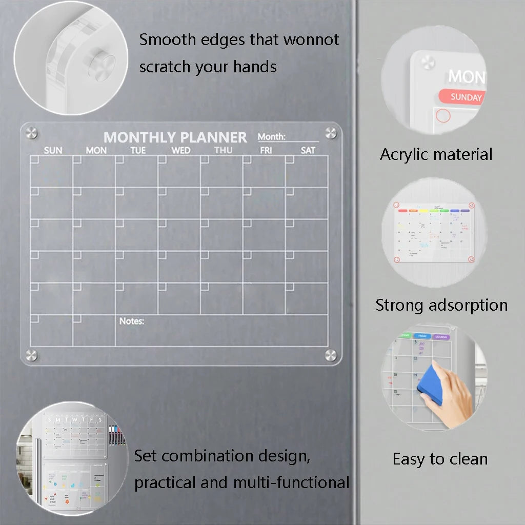 Monthly planner board with grid layout and various features like smooth edges, strong adsorption, and easy to clean design.