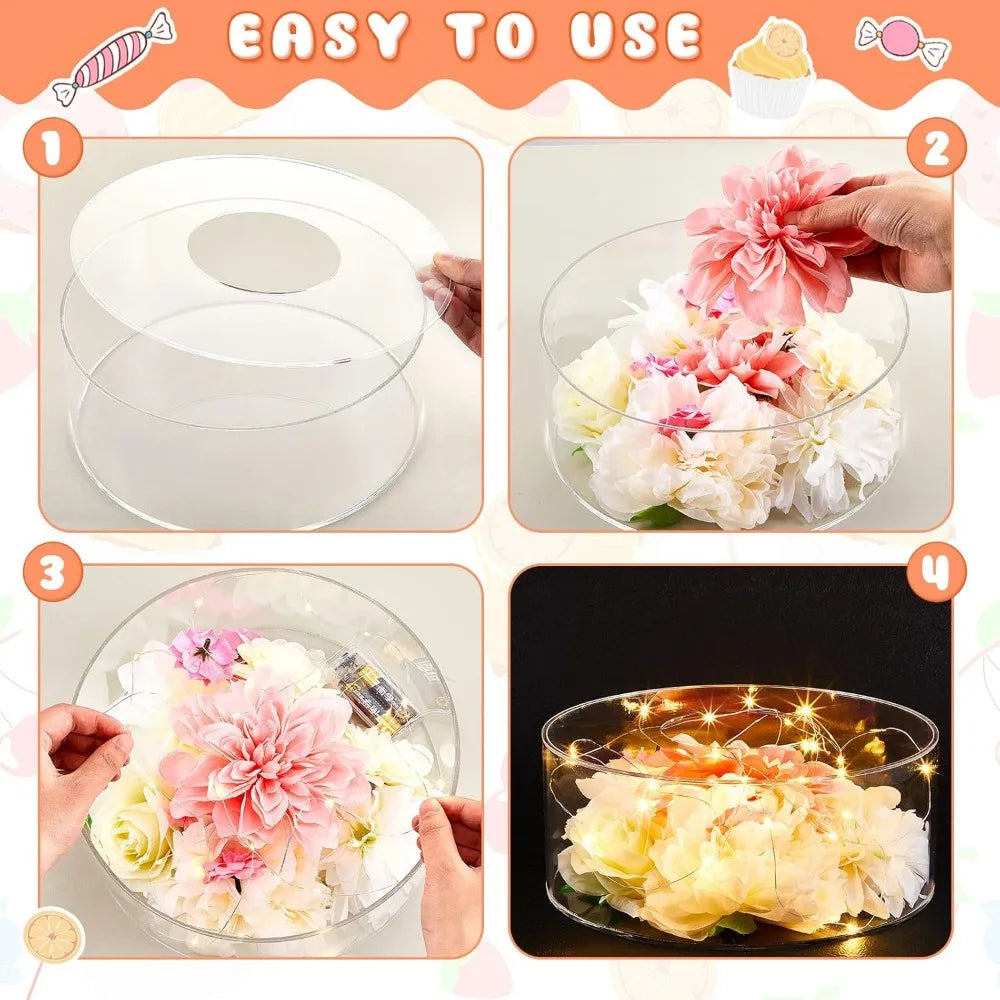 Four steps showing how to use clear acrylic cake display stands to arrange and present flowers.