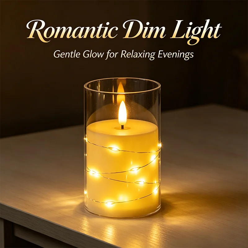 A glass candle holder filled with yellow wax and glowing LED string lights on a wooden surface.