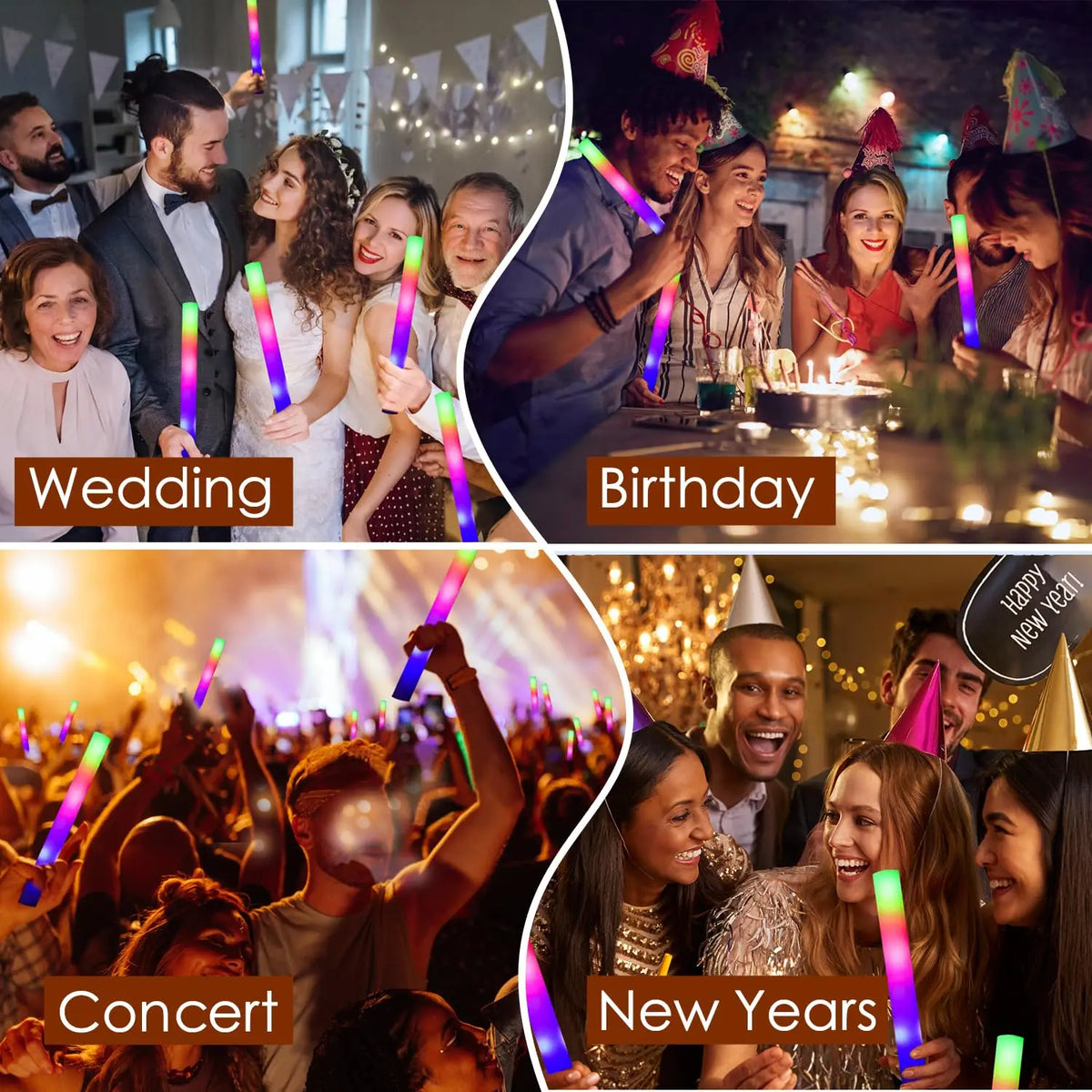A collage showing people celebrating various events like a wedding, birthday party, concert, and New Year's Eve with glow sti
