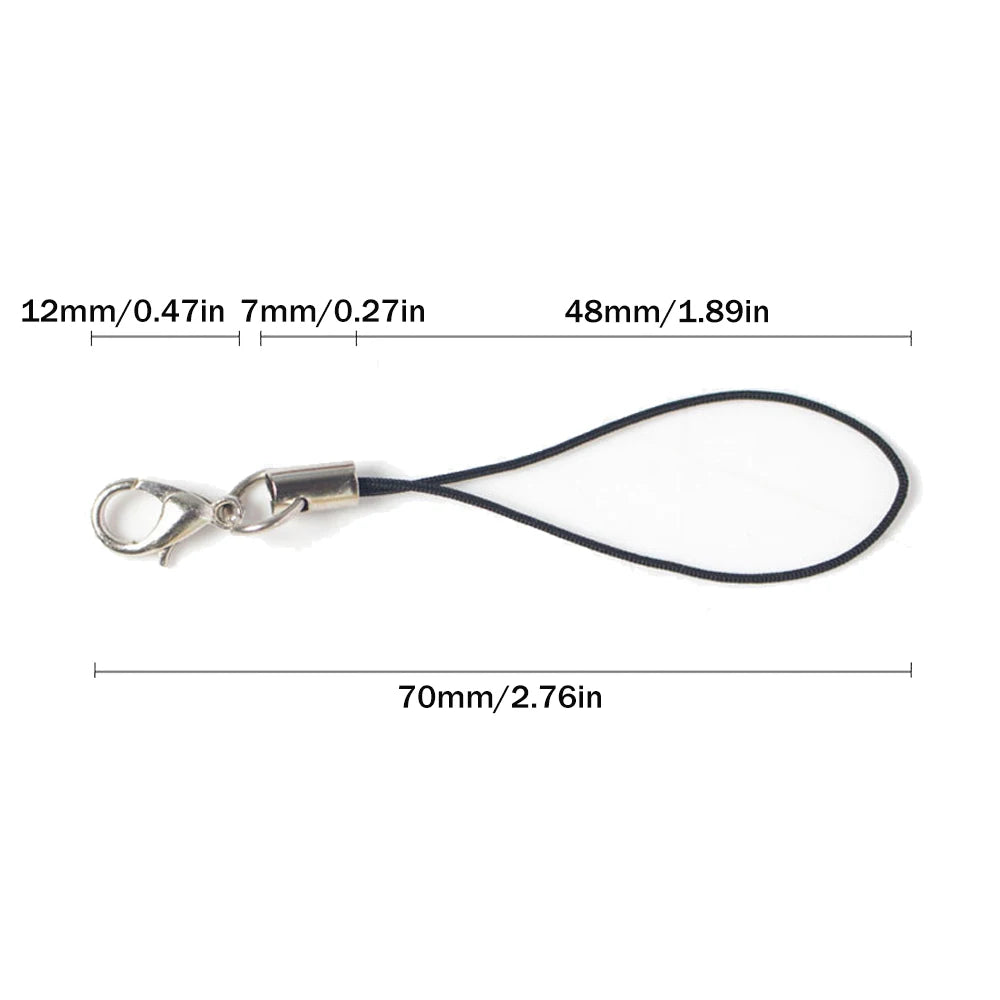 Silver lobster clasp lanyard straps with adjustable length and black cord.