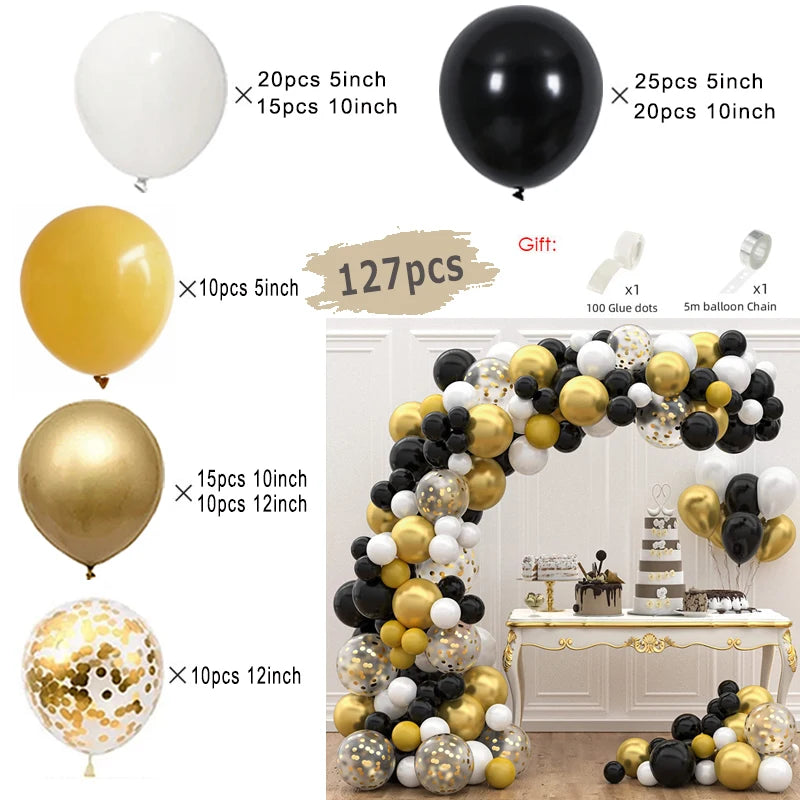 An elegant black and gold balloon garland arch kit featuring various sized balloons and starburst accents.