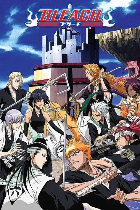 Anime Bleach Wandkunst Leinendruck mit Charakteren in dynamischer Kampfpose vor dramischem Himmelshintergrund